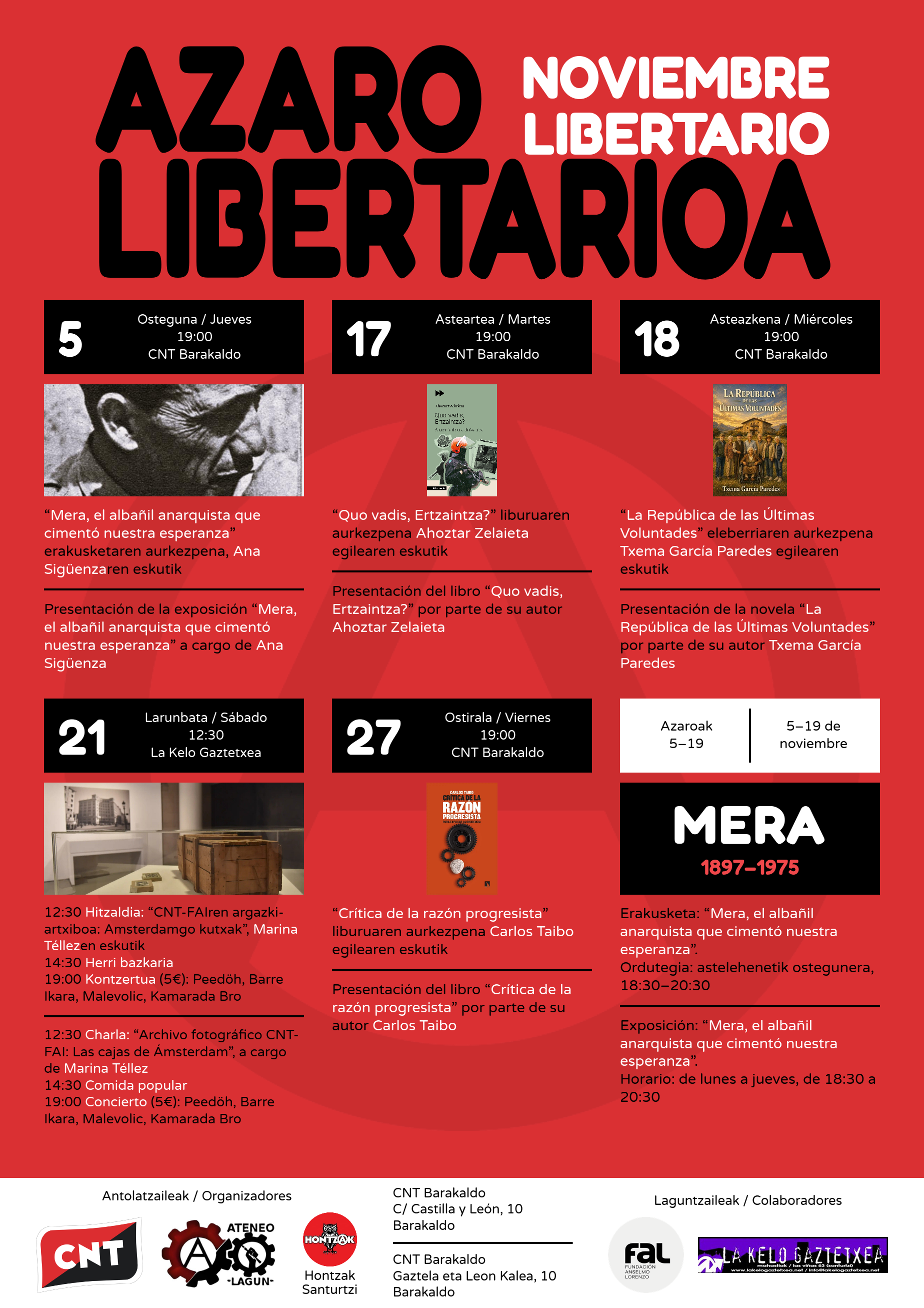 CNT Barakaldo, el Ateneo Lagun y Hontzak Santurtzi presentan el Noviembre Libertario 2026